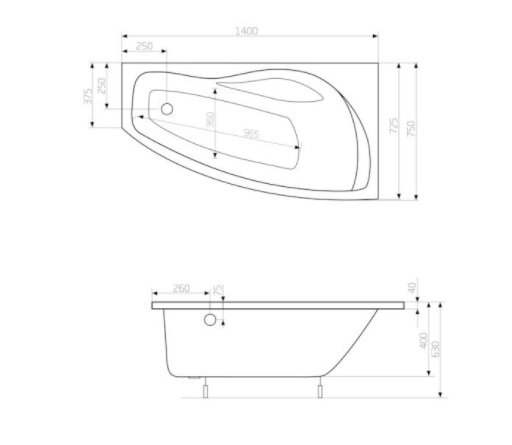 ROCA Asymetryczna narożna wanna akrylowa (Prawa) NICOLE 1400 x 750 x 400 mm A24T113000
