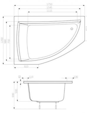 ROCA Asymetryczna narożna wanna akrylowa (Lewa) AQUAMARINA 1750 x 1200 x 500 mm A24T249000